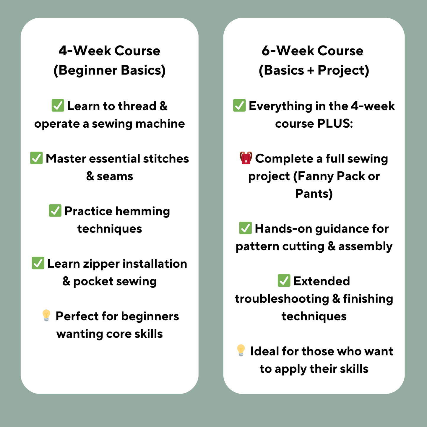 Beginner Sewing Course – 4 Weeks + Optional Project Days